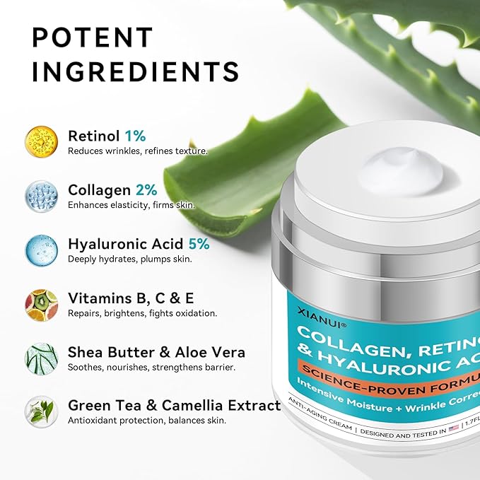 Retinol Face Cream with Collagen & Hyaluronic Acid - Anti Aging & Firming Face Moisturizer for Women & Men - Wrinkle Reduction Night & Day Cream, 1.7 Fl Oz
