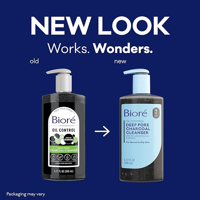 Biore Deep Pore Charcoal Face Wash, Daily Facial Cleanser for Dirt & Makeup Removal, for Oily Skin, 6.77 Oz, Pack of 3