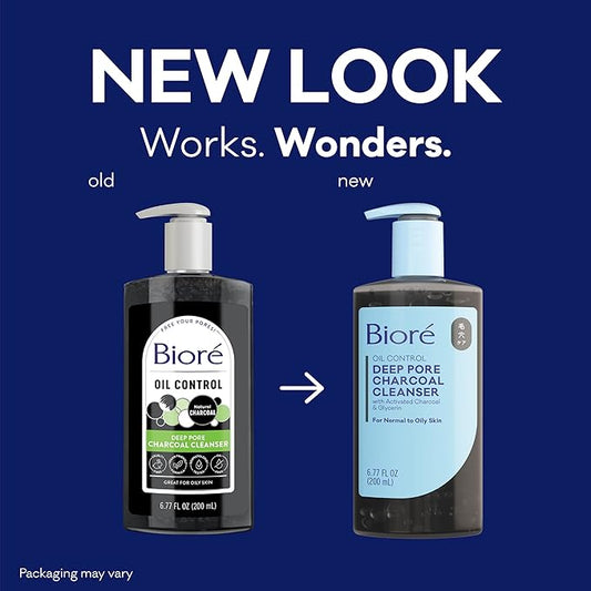 Biore Deep Pore Charcoal Face Wash, Daily Facial Cleanser for Dirt & Makeup Removal, for Oily Skin, 6.77 Oz, Pack of 3