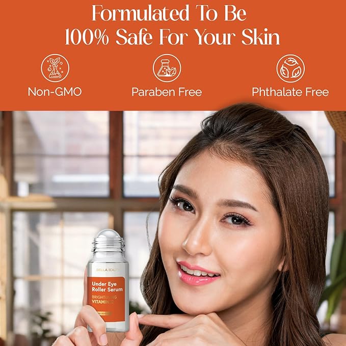 Bella Beauty Vitamin C Under Eye Roller Serum - Dermatologist Tested, Anti Aging, Korean Skin Care - Helps Minimize Dark Circles, Puffiness, Fine Lines - Vegan, Clean Beauty, Cruelty Free - 1.69 Fl Oz