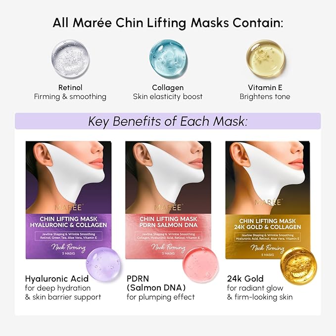 MAREE V Line Lifting Mask with Hyaluronic Acid – Deep Collagen Face Mask for Women – Jawline Shaper Facial Masks with Retinol – Tightening & Firming Neck Lift Tape – Double Chin Strap for Face Lift