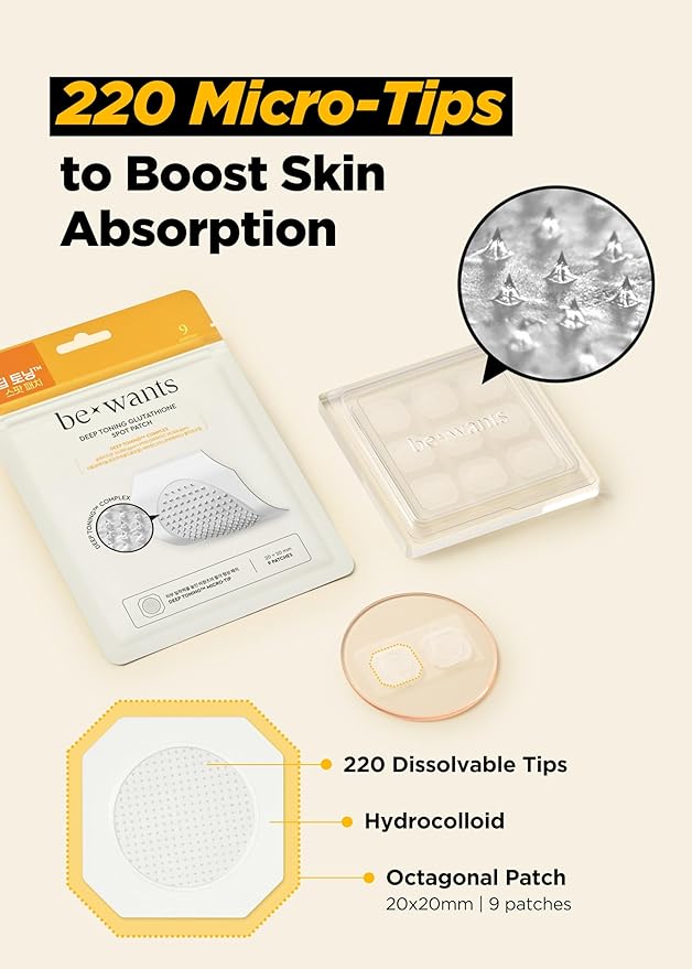 bewants Deep Toning Glutathione Spot Patch – Micro Tip Patches for Skin Elasticity, Texture & Blemish Care, 9 Patches