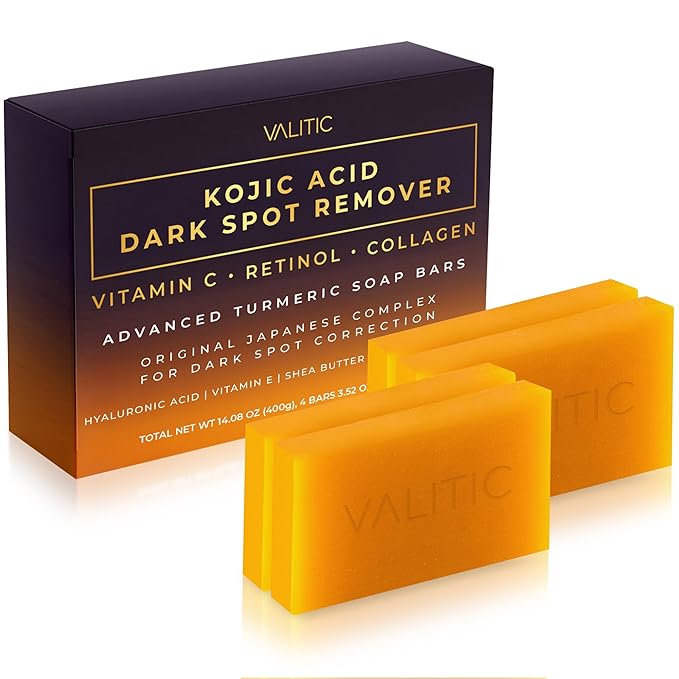 VALITIC Kojic Acid Dark Spot Remover Soap Bars with Vitamin C, Retinol, Collagen, Turmeric - Original Japanese Complex Infused Hyaluronic Acid, E, Shea Butter, Castile Olive Oil (4 Pack)