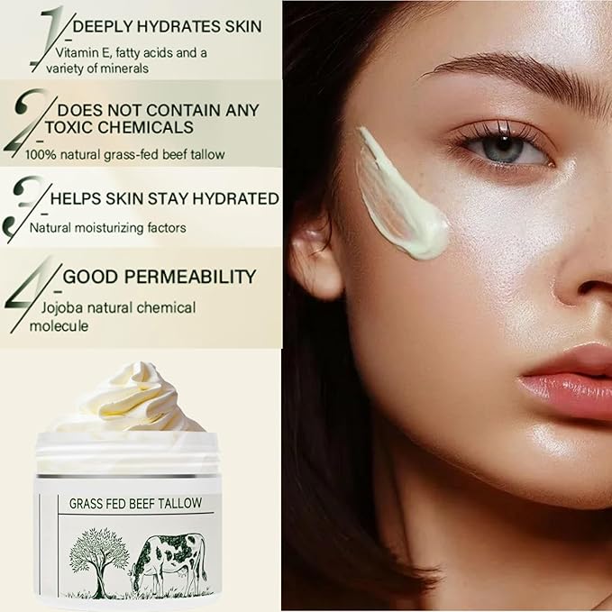 Beef Tallow for Skin, Tallow Face Moisturizer, 100% Organic Beef Tallow Blam Grass Fed Tallow Face Cream Moisturizer Body Lotion Skin Care for All Skin Types