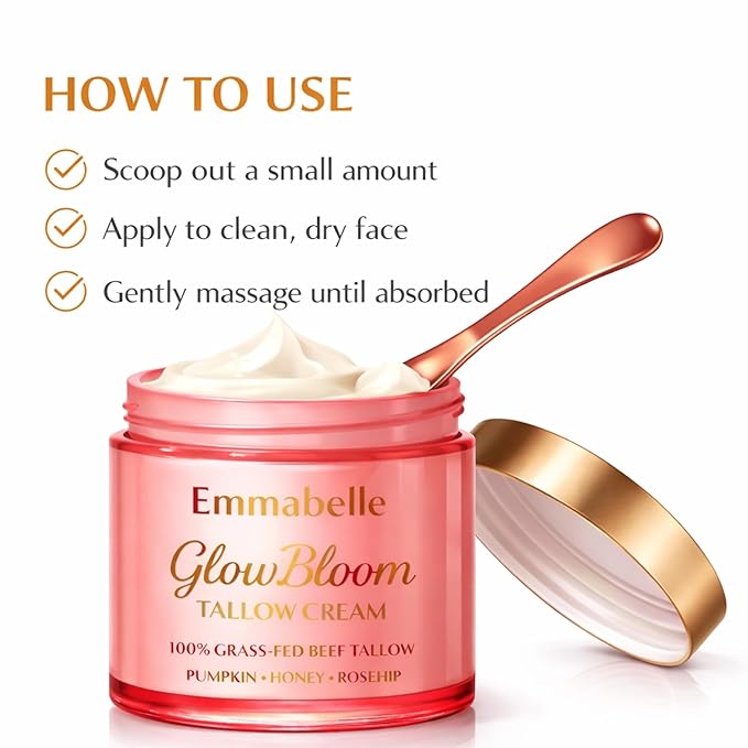 Emmabelle Beef Tallow for skin Whipped-Texture 100% Grass-Fed beef Tallow Moisturizer with Pumpkin Seed Oil, Honey, Rosehip & Mild Vanilla | Deep Hydration for Dry & Sensitive Skin. Free spatula. 4oz