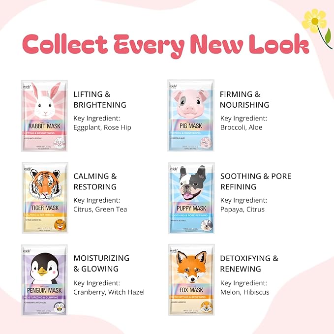 Epielle Character Face Mask Fuzzy Friends 12 Pack, Fun & Effective Korean Skin Care, Spa Party Favors, Stocking Stuffers, Birthday Gifts for Women, Self Care Gifts