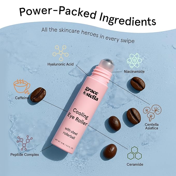 grace & stella Under Eye Brightener with Cooling Metal Rollerball - Ceramide & Caffeine Eye Serum for Puffy Eyes - Travel Size Toiletries - Vegan Skincare (15ml / 0.51floz)