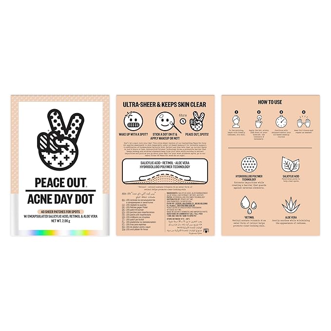 PEACE OUT Acne Day Dot Sheer Hydrocolloid Pimple Patches, Invisible Acne Spot Patches with Encapsulated Salicylic Acid, Retinol, and Aloe Vera, 40 Dots