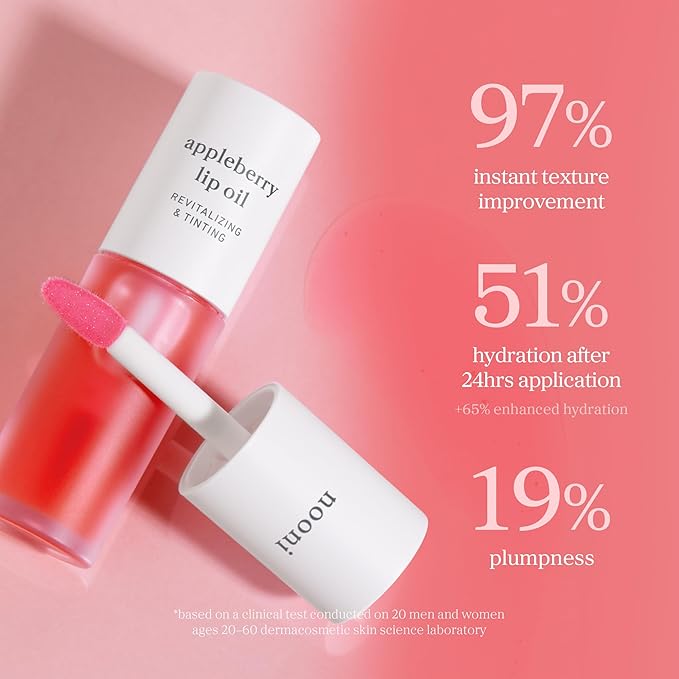 NOONI Korean Lip Oil - Appleberry | Long-Lasting, Moisturizing, Plumping, Revitalizing for Dry Lips, Waterproof, No Peel Off, Hydrating, Nourishing Crystal Clear, Stocking Stuffers, 0.12 FL Oz