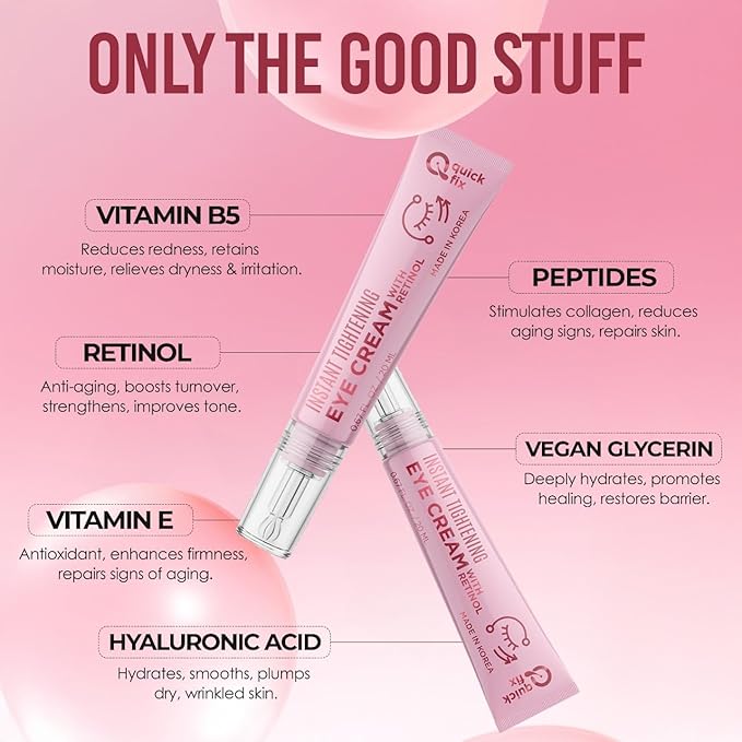 Quick Fix Retinol Instant Eye Tightener Cream – Reduces Wrinkles, Dark Circles & Puffiness – Dermatologist Tested, Anti-Aging, Korean Skin Care – Clean Beauty, Cruelty-Free, Vegan – .67 Fl Oz