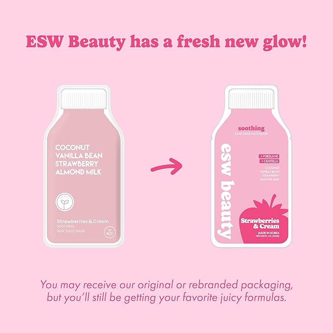 ESW Beauty Strawberries & Cream Sheet Mask - Raw Juice Hydrating Face Mask - Calming with Coconut, Vanilla Bean, Almond Milk & Strawberry for Sensitive Skin - Reduces Redness & Nourishes