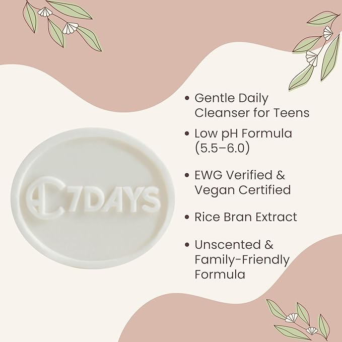 CDH7DAYS Rice Bran Soap Bar for Teens, EWG Verified & Vegan, Low pH 5.5–6.0, Korean Handmade Natural Body Soap, Unscented, Plant-Based Gentle Cleanser, 5oz