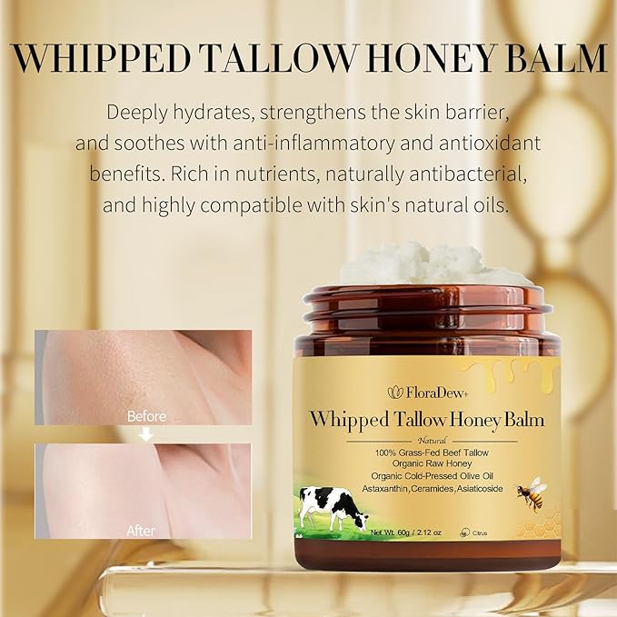 Tallow and Honey Balm - Organic Grass-Fed Beef Tallow for Skin - Moisturizer Deep Hydration for Body with Beef Tallow & Raw Honey & Infused Olive Oil 2.12 FL OZ (Citrus)