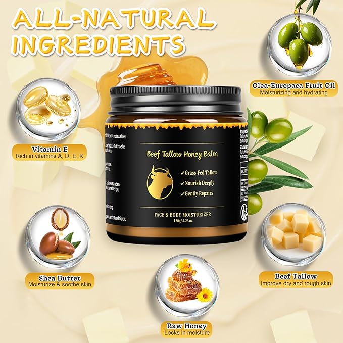 Beef Tallow for Skin, Tallow and Honey Balm for Face, Skin Care Cream Body Butter, Natural Formula, Nourish and Soothe Dry Skin, 120g/4.2oz