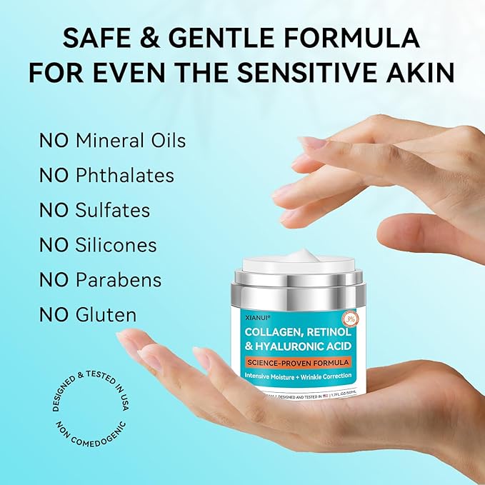 Retinol Face Cream with Collagen & Hyaluronic Acid - Anti Aging & Firming Face Moisturizer for Women & Men - Wrinkle Reduction Night & Day Cream, 1.7 Fl Oz