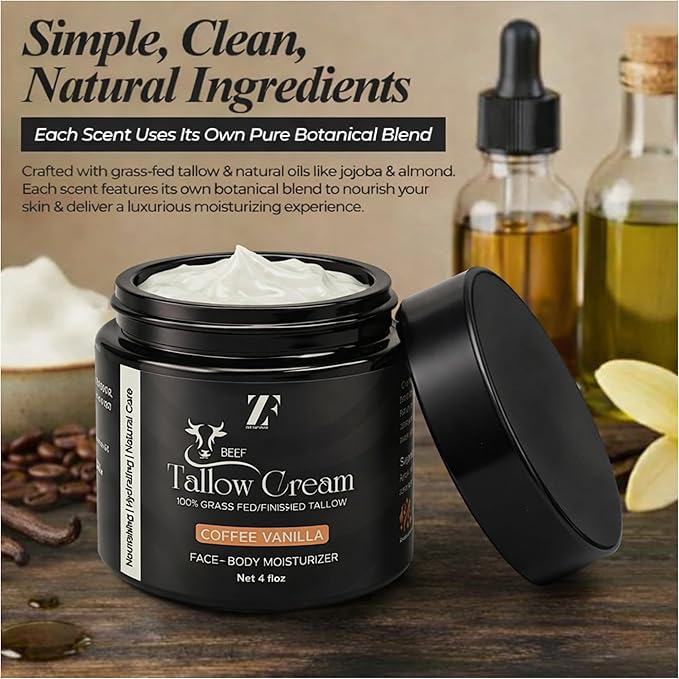 ZF 100% Grass Fed Beef Tallow for Skin Care - Face + Body - Natural Organic Lotion - Whipped Moisturizer for Sensitive Skin 4 FL. oz. (Coffee Vanilla)