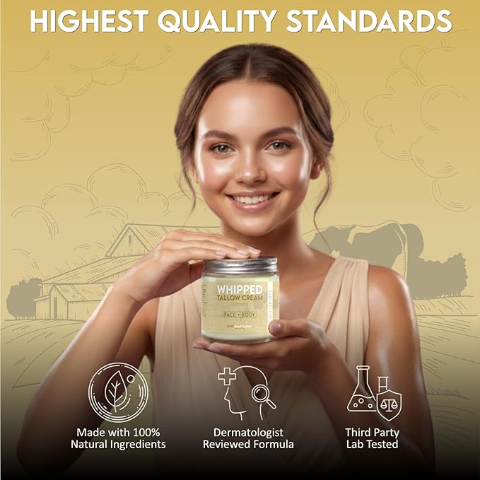 Beef Tallow for Skin, Whipped Beef Tallow Balm for Face & Body with Shea Butter, Grass Fed Beef Tallow for Eczema, Dry Sensitive Skin and Rosacea 4 Oz (Unscented)