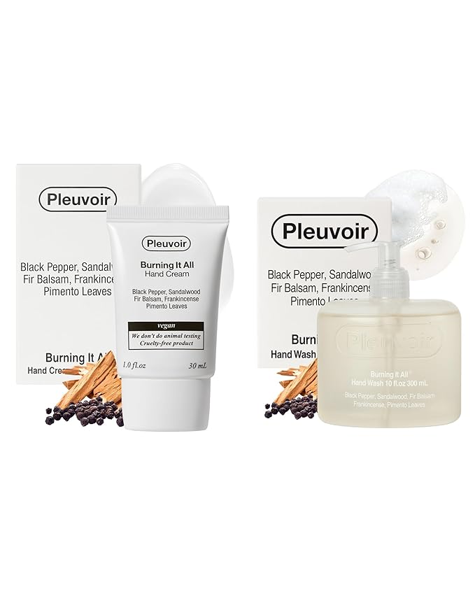 Pleuvoir Burning It All: Hand Cream & Hand Wash Set | Hydrating Korean Skincare | Black Pepper Sandalwood Scent | Vegan K-Beauty | 1oz + 10 fl.oz