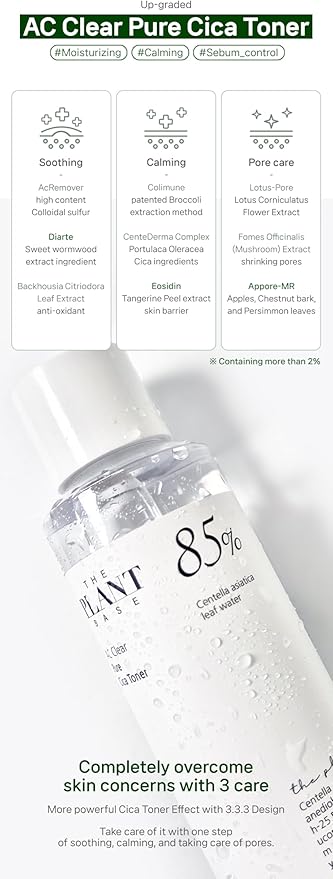 The Plant Base CICA Distillate Toner 195ml | CICA (Centella Asiatica Leaf Water) 85% Facial Pore Calming & Soothing Cooling Toner | 100% Plant Distillate | Korean Skincare, K Beauty, Korean Beauty