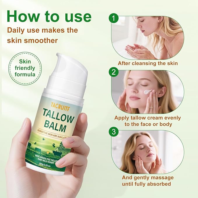 Beef Tallow Balm, 100% Grass Fed Beef Tallow, Whipped Moisturizer for Sensitive Skin, Handmade All-Natural Moisturizer for Soft And Smooth Skin (3.5 Oz, Unscented)