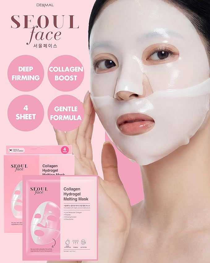 DERMAL Seoul Face Collagen Hydrogel Melting Mask (4 Pack) - Korean Overnight Face Mask for Glassy Skin & Pore Care - Deep Hydration Jelly Gel Sheet with 300Da Low Molecular Collagen Ritual