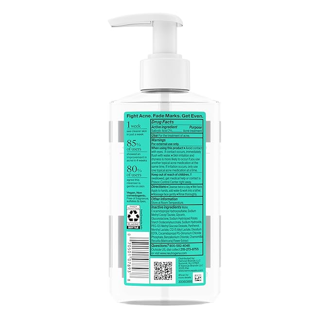 Neutrogena Evenly Clear Acne Cleanser with 2% Salicylic Acid & 2% PHA Exfoliant, Gentle Foaming Face Wash Clears Clogged Pores & Blackheads While Visibly Fading Look of Post-Acne Marks, 9.1 fl. oz