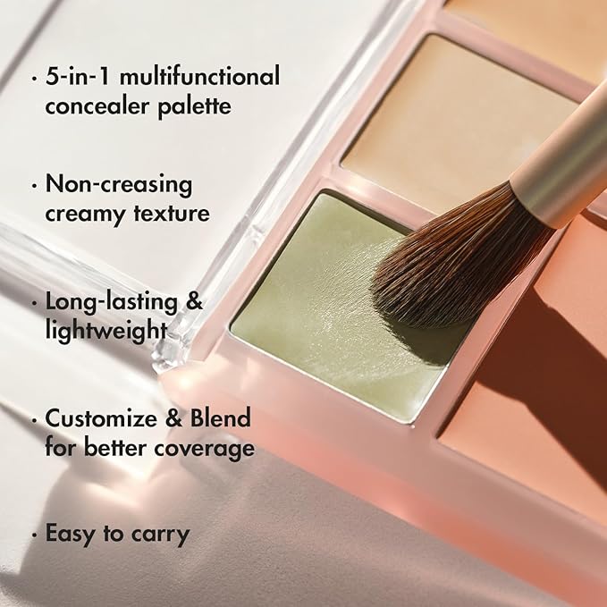 LUNA Conceal Blender Palette 01 Clear Cover 5-in-1 Color Correcting and Concealing with Beige, Green, Vanila, Medium Peach and Pure Bright Buildable, Suitable for Neutral and Warm Tones