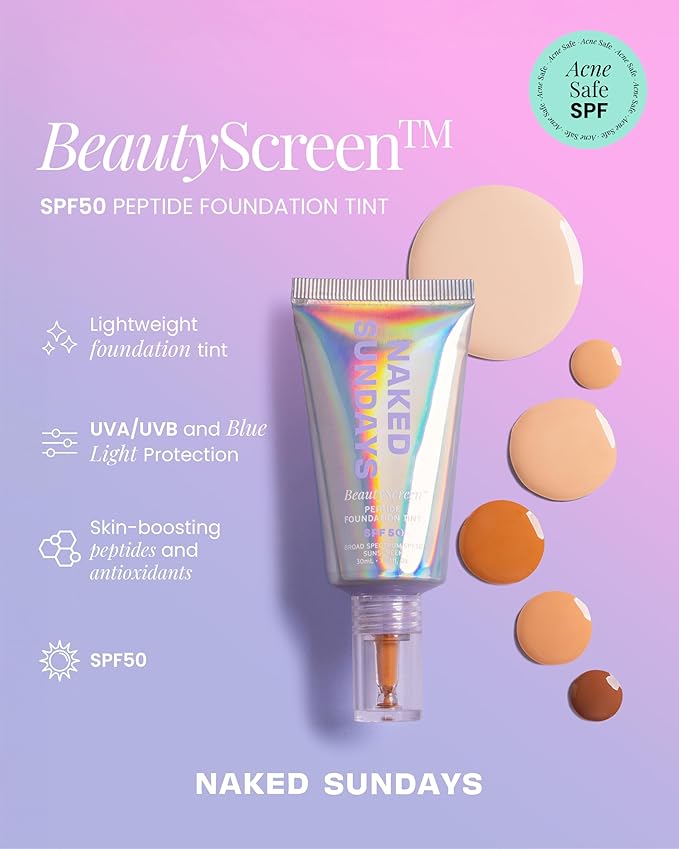 Naked Sundays BeautyScreen™ SPF 50 Peptide Foundation Tint – Tinted Sunscreen & Skincare Makeup with Zinc Oxide, Niacinamide – Lightweight Natural Coverage, 5 Tan Honey, 1.01 oz