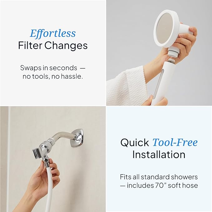 SecondShower Filtered Shower Hand for Hard Water | Clinically Proven for Skin Health, NSF Certified 99.9% Chlorine Removal, SPA Grade High Pressure, Korean Beauty Secret Natural Filter (Pure Silver)
