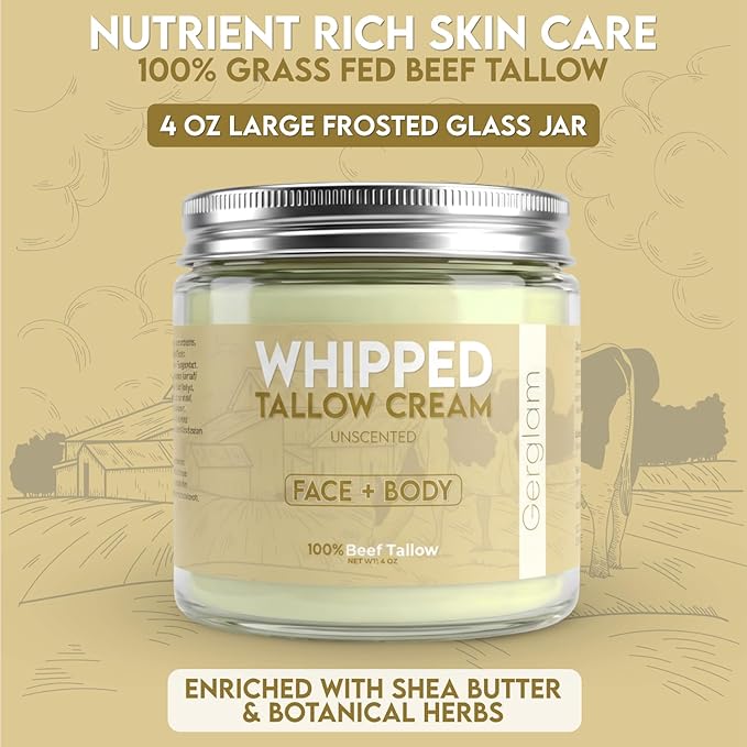 Beef Tallow for Skin, Whipped Beef Tallow Balm for Face & Body with Shea Butter, Grass Fed Beef Tallow for Eczema, Dry Sensitive Skin and Rosacea 4 Oz (Unscented)
