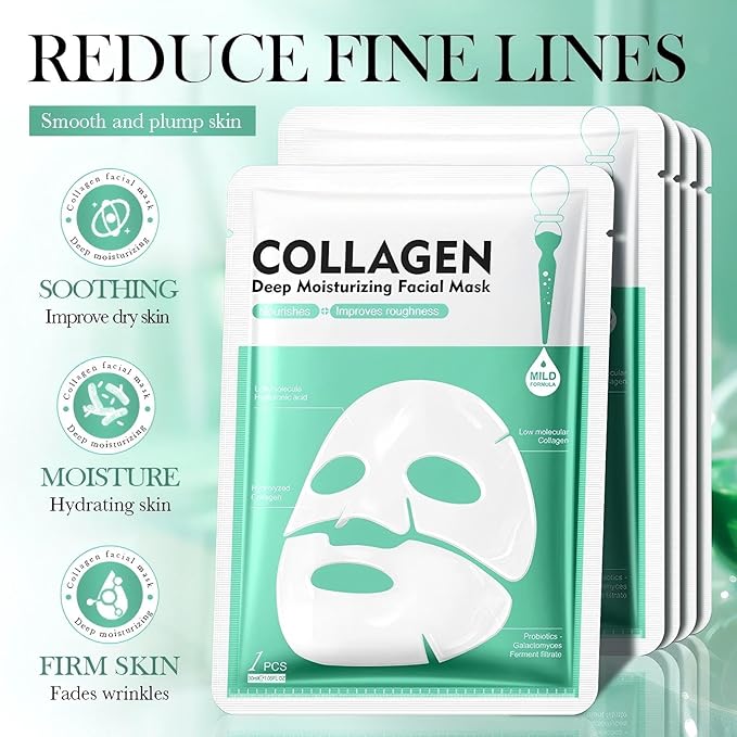 Collagen Face Mask, Deep Moisturizing & Firming Facial Sheet Mask, Hydrating and Plumping Face Mask with Bio Collagen and Hyaluronic Acid, Gentle Nourishing Skincare for All Skin Types, 4PCS