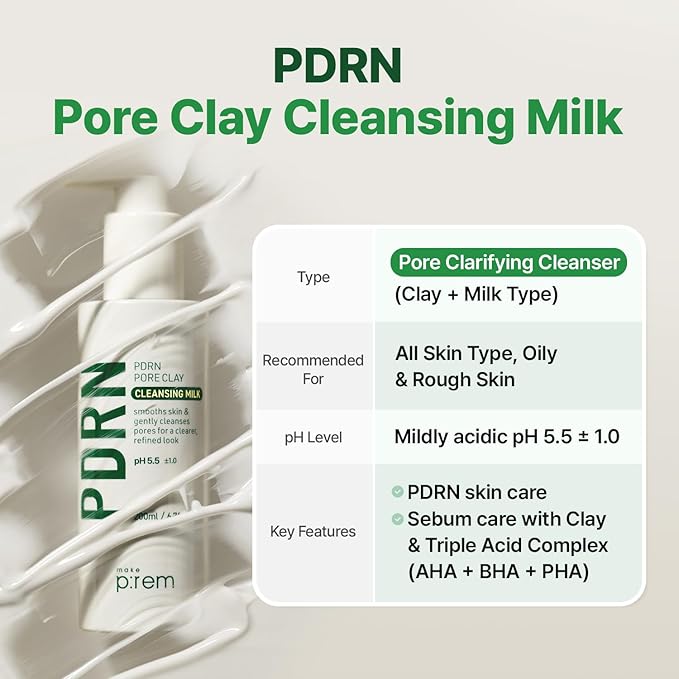 MAKE P:REM PDRN Pore Clay Cleansing Milk, Hydrating Gentle Face Wash for Sensitive Skin, Korean Face Wash, Milky Cleanser, 6.76 fl.oz. (200ml)
