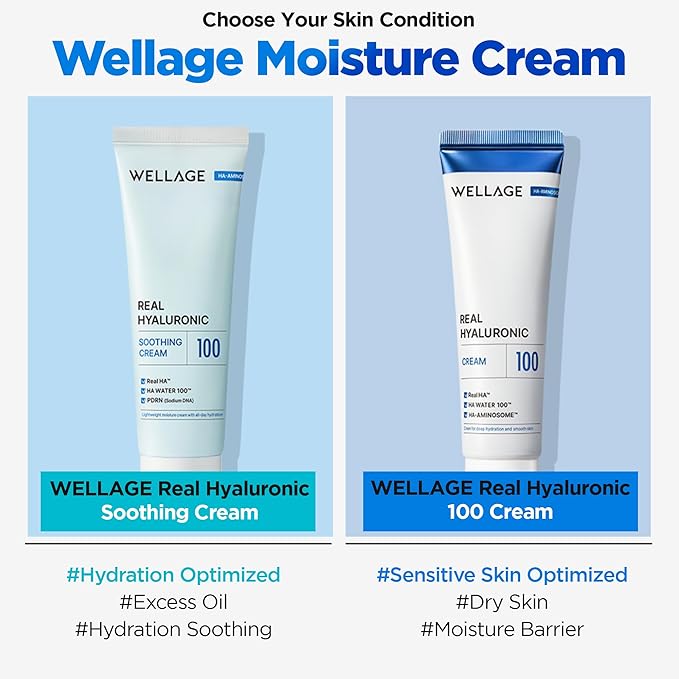 WELLAGE Real Hyaluronic Soothing Cream 100, Pure Hyaluronic Acid Korean Face Moisturizer with PDRN - Hydrating face moisturizer, Hypoallergenic, 2.7oz.