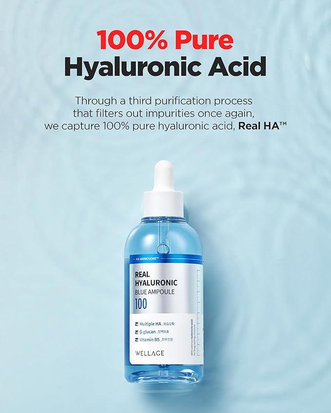 WELLAGE Real Hyaluronic Blue Ampoule 100, Korean Hydrating Serum for Face, Hyaluronic Acid Serum with Panthenol for Sensitive Skin, (3.38Fl.oz + 2.53Fl.oz)