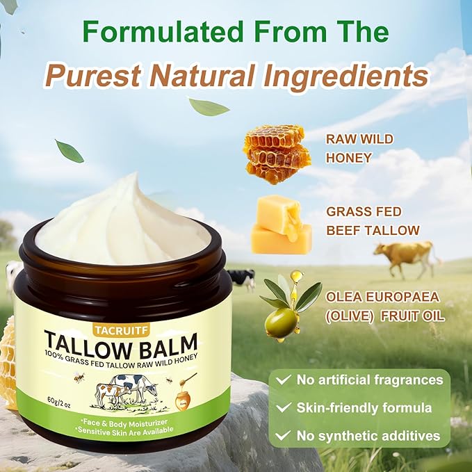 Organic Grass-Fed Beef Tallow & Raw Honey Balm – Handmade Whipped Moisturizer for Face & Body, Soothes Eczema, Rosacea, Dry & Sensitive Skin – Unscented, All-Natural, Chemical-Free (6 Packs / 12oz)