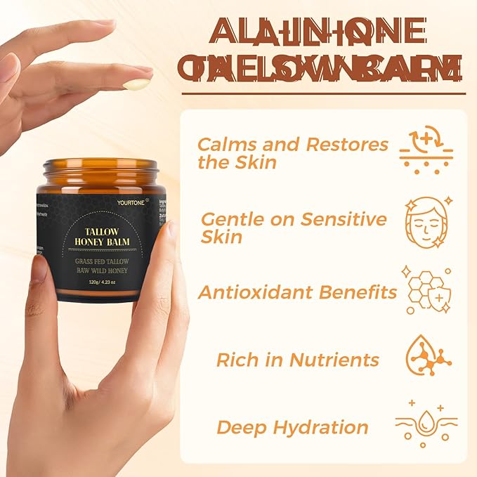 Beef Tallow for Skin, Tallow and Honey Balm for Face, Grass-fed Beef Tallow Face Moisturizer for Deep Nourish and Soothe Dry Skin (4.23oz/120g)