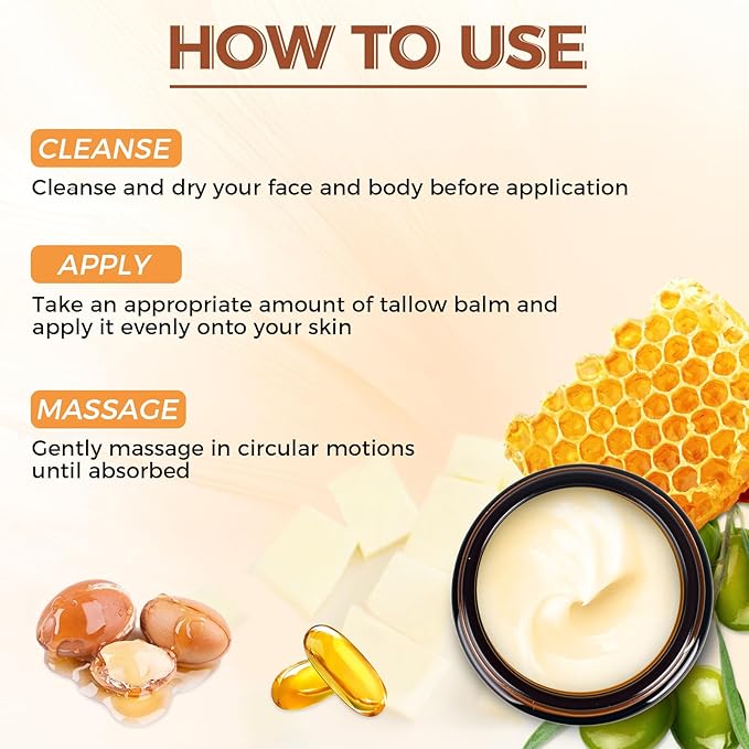 Beef Tallow for Skin, Tallow and Honey Balm for Face, Grass-fed Beef Tallow Face Moisturizer for Deep Nourish and Soothe Dry Skin (4.23oz/120g)