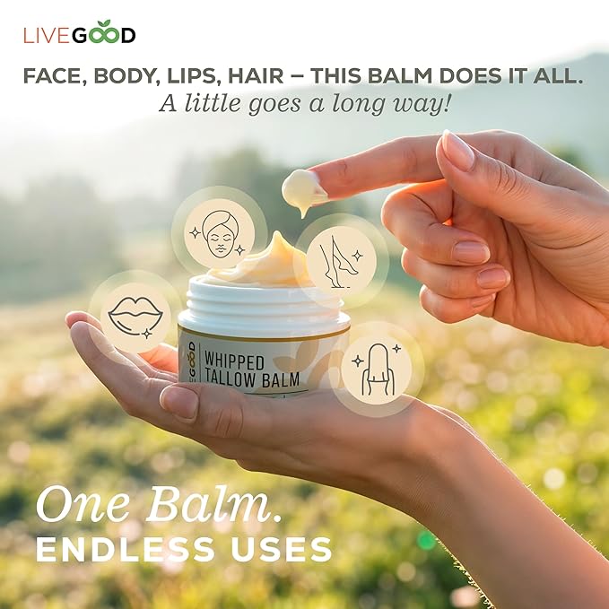 LIVEGOOD Whipped Tallow Balm, Grass Fed Beef Tallow for Skin with Vitamins A, D, E, K, Deeply Moisturizing Beef Tallow Moisturizer for Face and Body Hydration (2 oz)