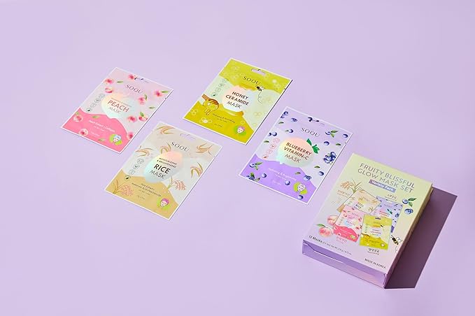 SOQU Fruity Blissful Glow Mask 0.81 oz x 12 Pack– Daily K-Beauty Skincare, Moisturizing, Nourishing Facial Sheet Mask (Peach, Rice, Blueberry, Honey)