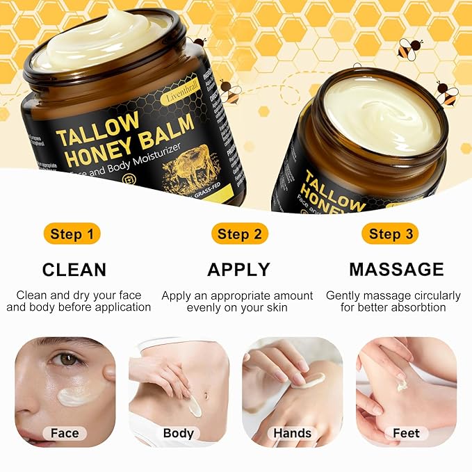 Organic Beef Tallow Honey Balm for Skin & Face, Whipped Beef Tallow Face Moisturizer with Raw Honey, Grass Fed Cow Beef Tallow Cream, All Natural Pure Body Lotion for Women & Men, Unscented 4.2 OZ