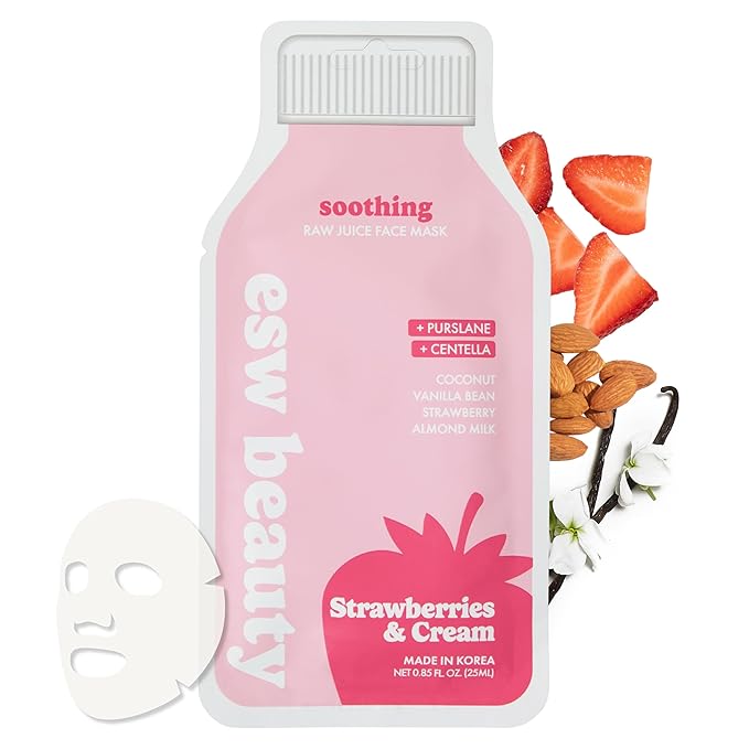 ESW Beauty Strawberries & Cream Sheet Mask - Raw Juice Hydrating Face Mask - Calming with Coconut, Vanilla Bean, Almond Milk & Strawberry for Sensitive Skin - Reduces Redness & Nourishes