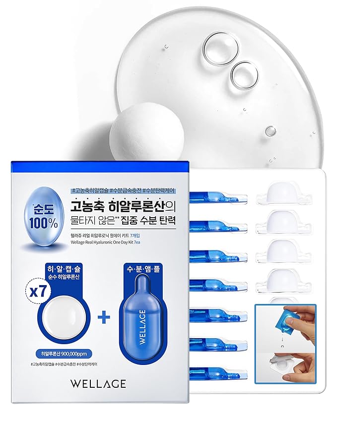 WELLAGE Real Hyaluronic Acid Hydrate One Day Kit Serum 7ea, Korean Beauty Secret Ampoule, High Concentration HA Ceramide 8 Herbal Extracts for Firming and Moisturizing Special Day Care
