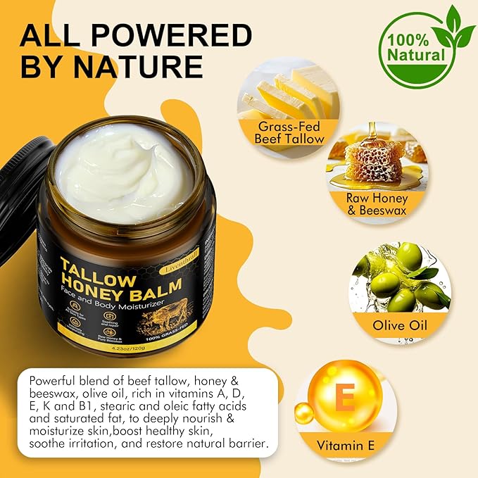 Organic Beef Tallow Honey Balm for Skin & Face, Whipped Beef Tallow Face Moisturizer with Raw Honey, Grass Fed Cow Beef Tallow Cream, All Natural Pure Body Lotion for Women & Men, Unscented 4.2 OZ