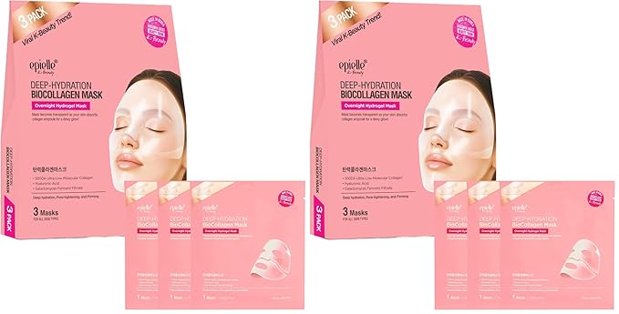 Epielle Deep Hydration BioCollagen Mask 3 Count, Overnight Hydrogel Facial Mask with 500DA Ultra-Low Molecular Collagen, Hyaluronic Acid & Galactomyces Ferment Filtrate, Korean Skin Care (Pack of 2)