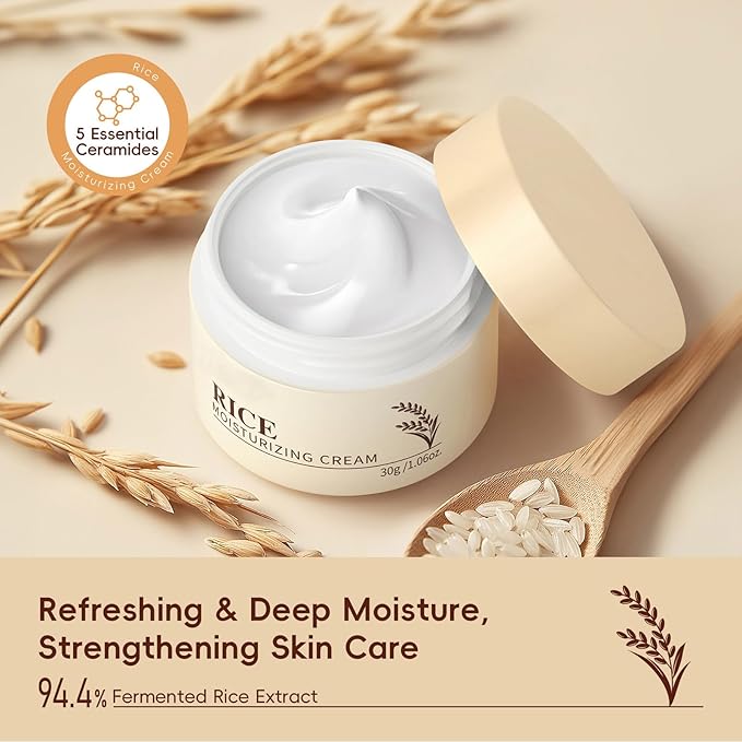 Rice Moisturizing Cream,Korean Face Cream with Rice Ceramide Extract | Lifts & Firms Skin,Nourishes Soothing Deeply,Repairs the Skins Barrier,Anti Aging Face Cream for All Skin Types—1.06OZ