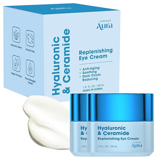 Hyaluronic Acid & Ceramide Eye Cream For Dark Circles - Dermatologist Tested, Anti Aging Korean Skin Care - Deep Hydration & Depuffing Eye Treatment - Vegan, Clean Beauty - Pack of 2