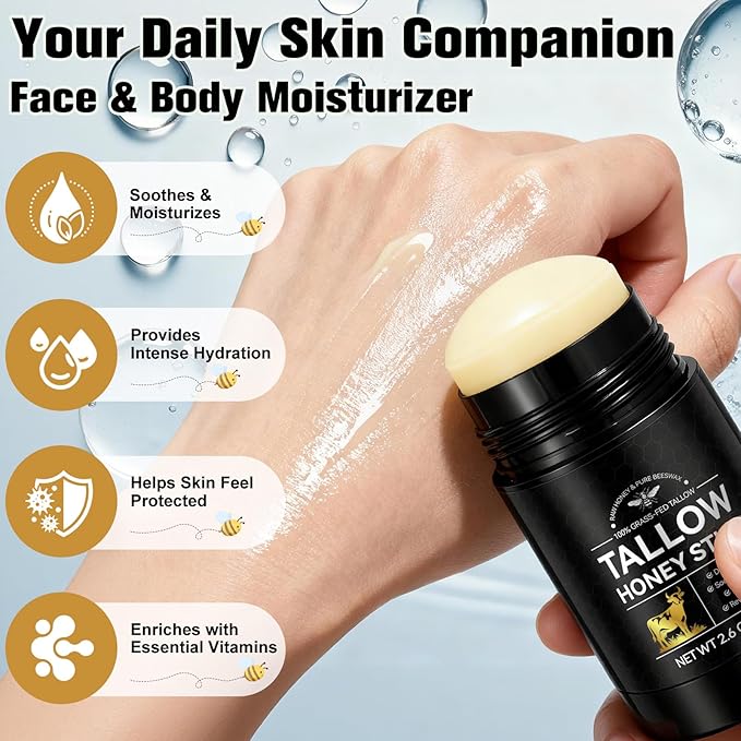 Eloix Tallow Honey Balm & Stick, All-Natural Moisturizer with Beef Tallow and Raw Honey for Face & Body, Handmade Formula for Dry, Sensitive Skin, Promotes Longevity, Firming & Hydration
