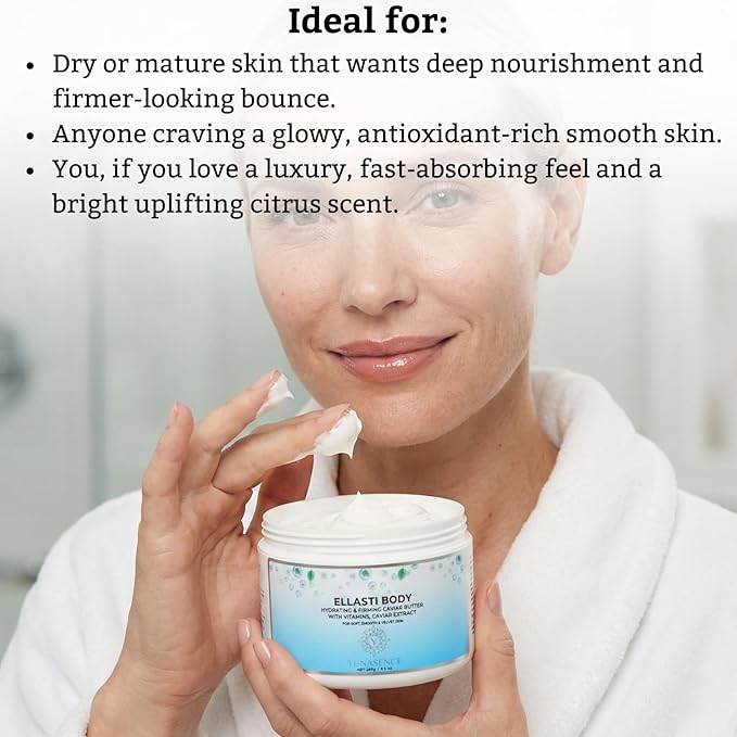 YUNASENCE ELLASTIBODY Hydrating Firming Caviar Butter Moisturizing Cream, with Caviar Extract, Vitamin E, Reishi, Avocado & Green Tea. 9.5oz. For soft, comforted skin.