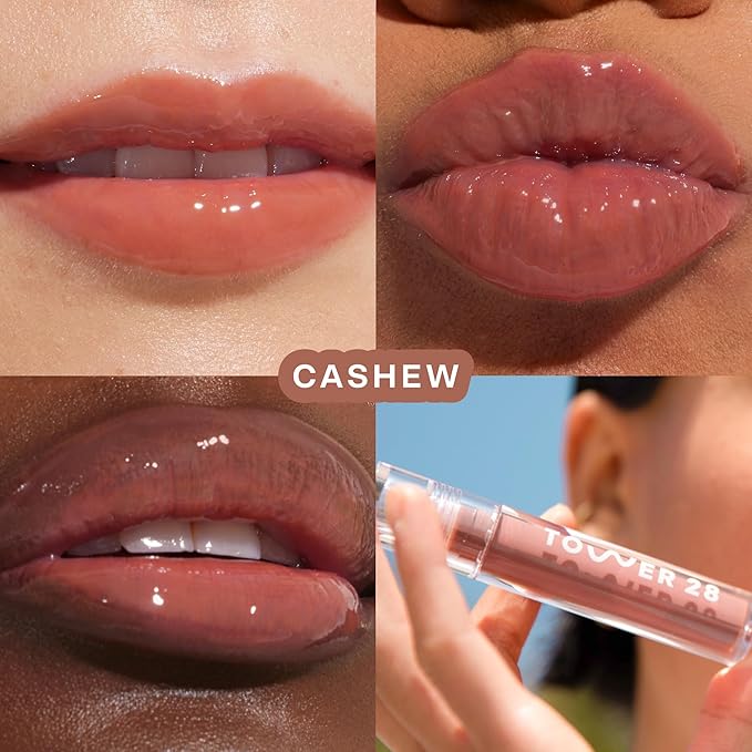 Tower 28 ShineOn Lip Gloss Jelly - Hydrating Tinted Lip Balm + Milky Gloss for Sensitive Lips - Non-Sticky + High-Shine Jelly Formula with Nourishing Oil Blend - Cashew - Rosy Brown (0.13)