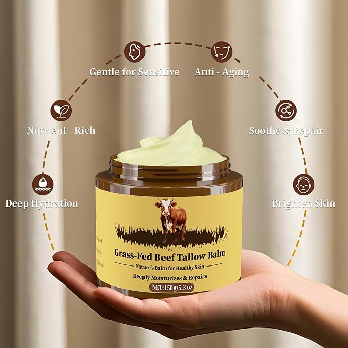 Beef Tallow for Skin, Tallow and Honey Balm, Facial Moisturizer Cream, 100% Organic Grass Fed Whipped Beef Tallow Balm Deeply Moisturizing for Face & Body, Suitable For All Skin Types(5.3oz)
